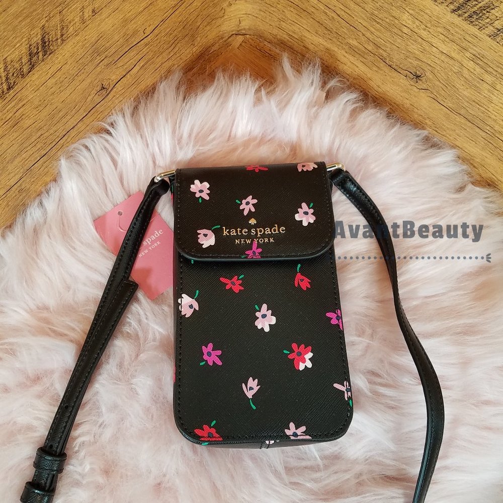 NWT Kate Spade north phone crossbody black floral ditsy buds purse multi pink